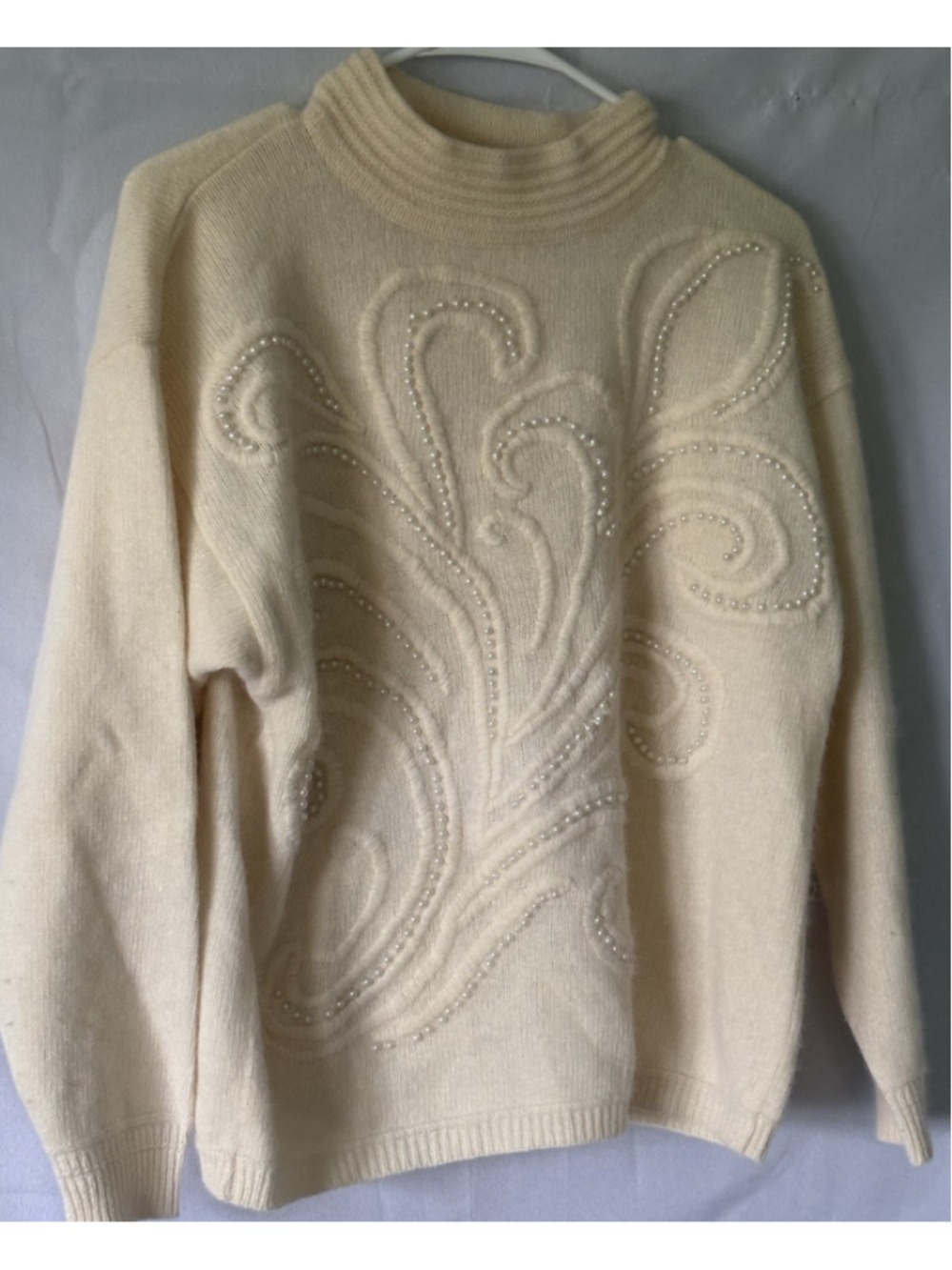 Vtg 80s Renee Tener Jeanne Pierre Angora Pearl Sweater Cream M Coquette Soutache